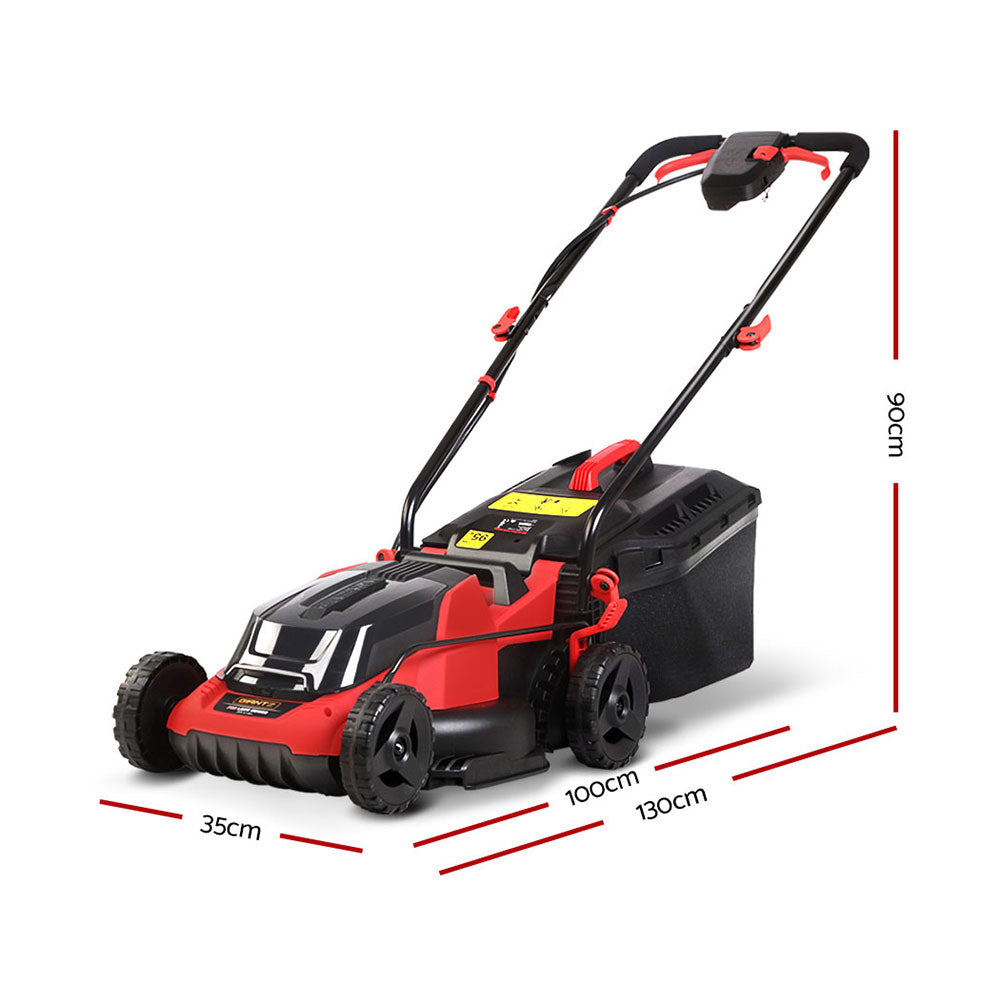 A red and black Giantz Lawn Mower Cordless 40V Battery Electric Lawnmower 34cm Width with a handlebar, four wheels, and a grass collection bag attached at the back. Featuring twin rechargeable lithium batteries for 40V power, the mower includes adjustable height settings and a sleek design. The brand label is visible on the front of the mower.