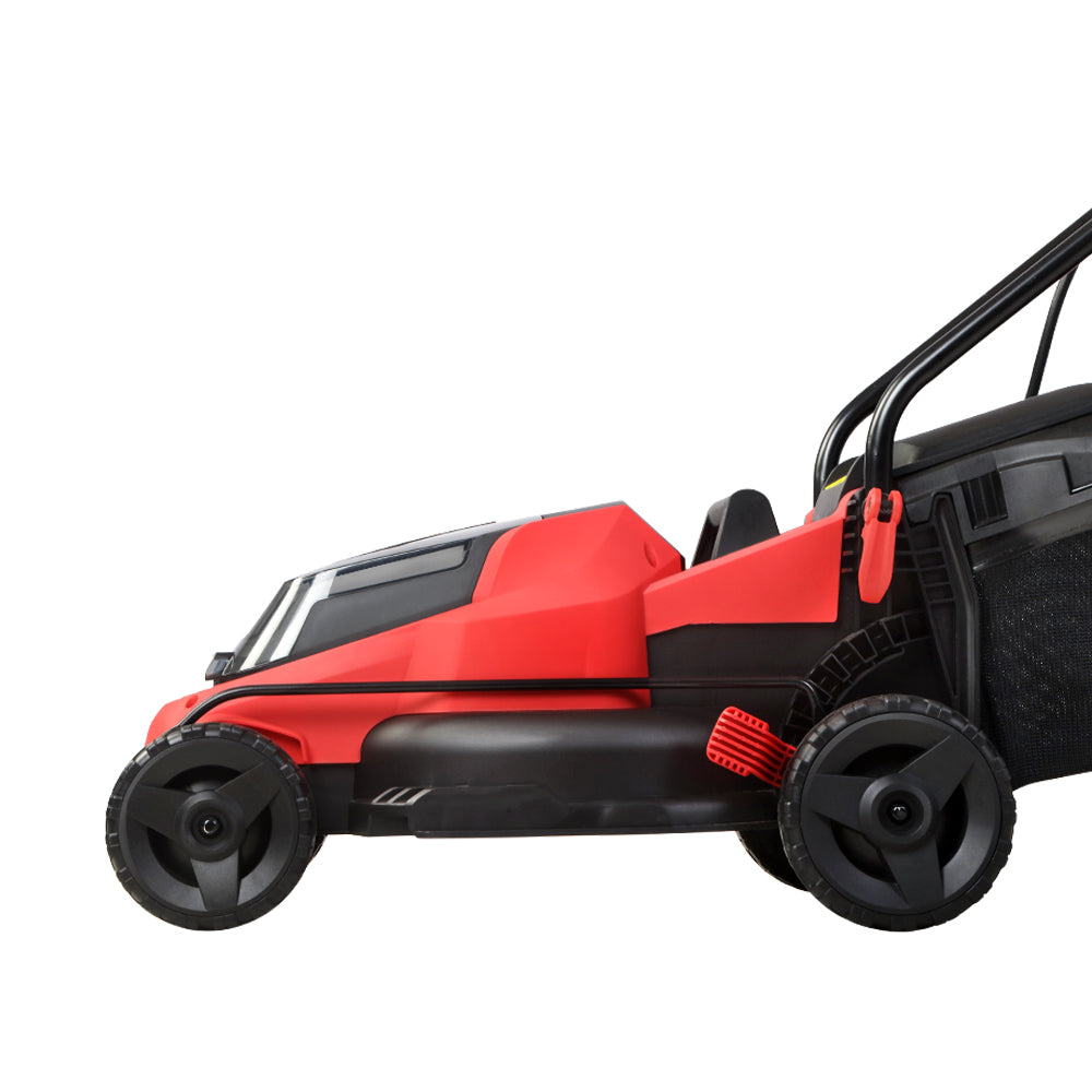 A red and black Giantz Lawn Mower Cordless 40V Battery Electric Lawnmower 34cm Width with a handlebar, four wheels, and a grass collection bag attached at the back. Featuring twin rechargeable lithium batteries for 40V power, the mower includes adjustable height settings and a sleek design. The brand label is visible on the front of the mower.