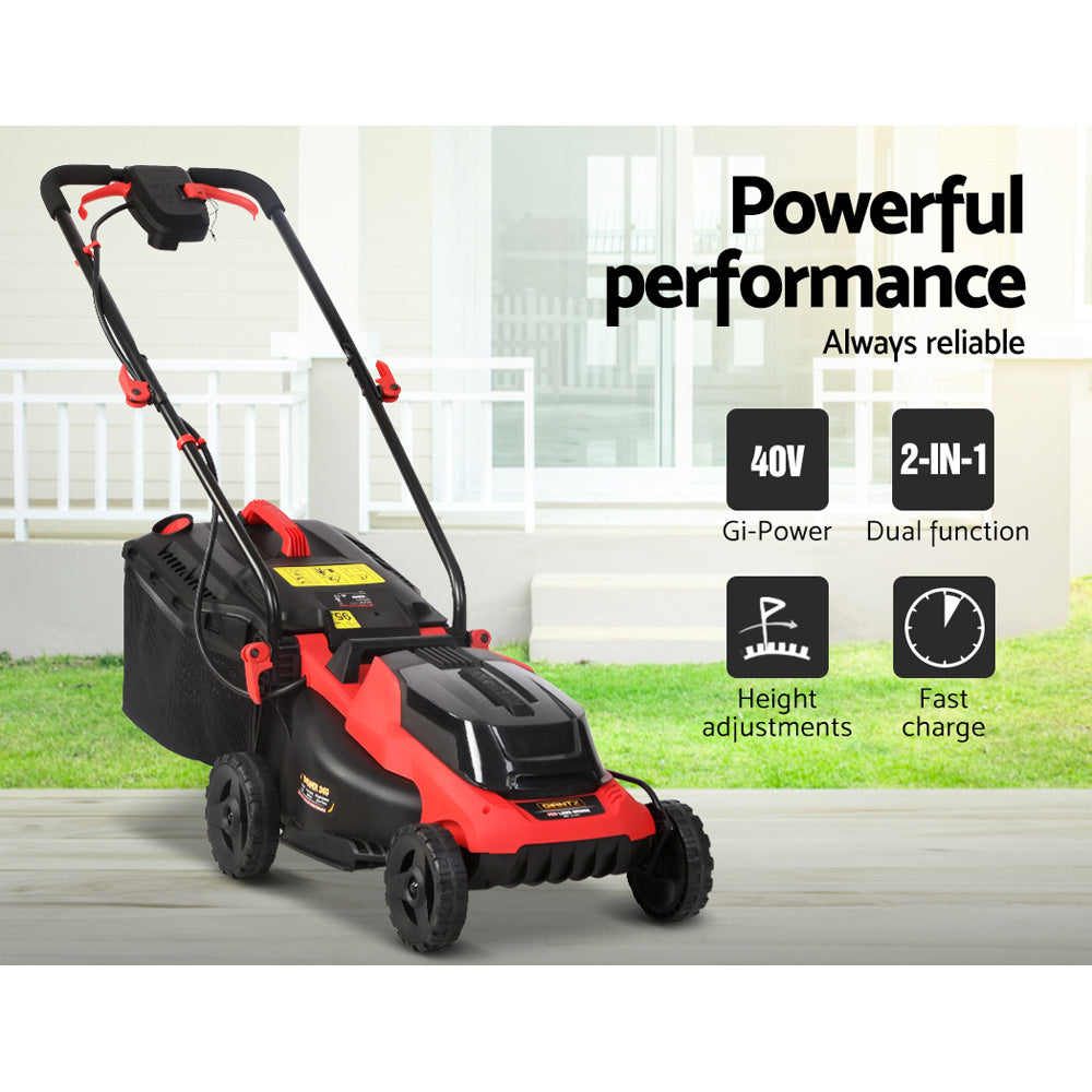 A red and black Giantz Lawn Mower Cordless 40V Battery Electric Lawnmower 34cm Width with a handlebar, four wheels, and a grass collection bag attached at the back. Featuring twin rechargeable lithium batteries for 40V power, the mower includes adjustable height settings and a sleek design. The brand label is visible on the front of the mower.