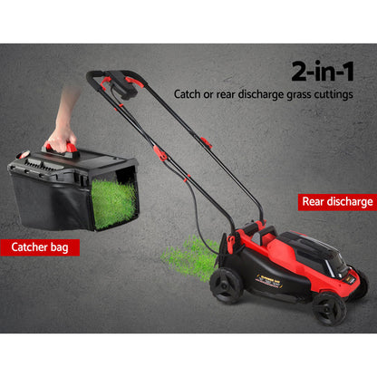 A red and black Giantz Lawn Mower Cordless 40V Battery Electric Lawnmower 34cm Width with a handlebar, four wheels, and a grass collection bag attached at the back. Featuring twin rechargeable lithium batteries for 40V power, the mower includes adjustable height settings and a sleek design. The brand label is visible on the front of the mower.