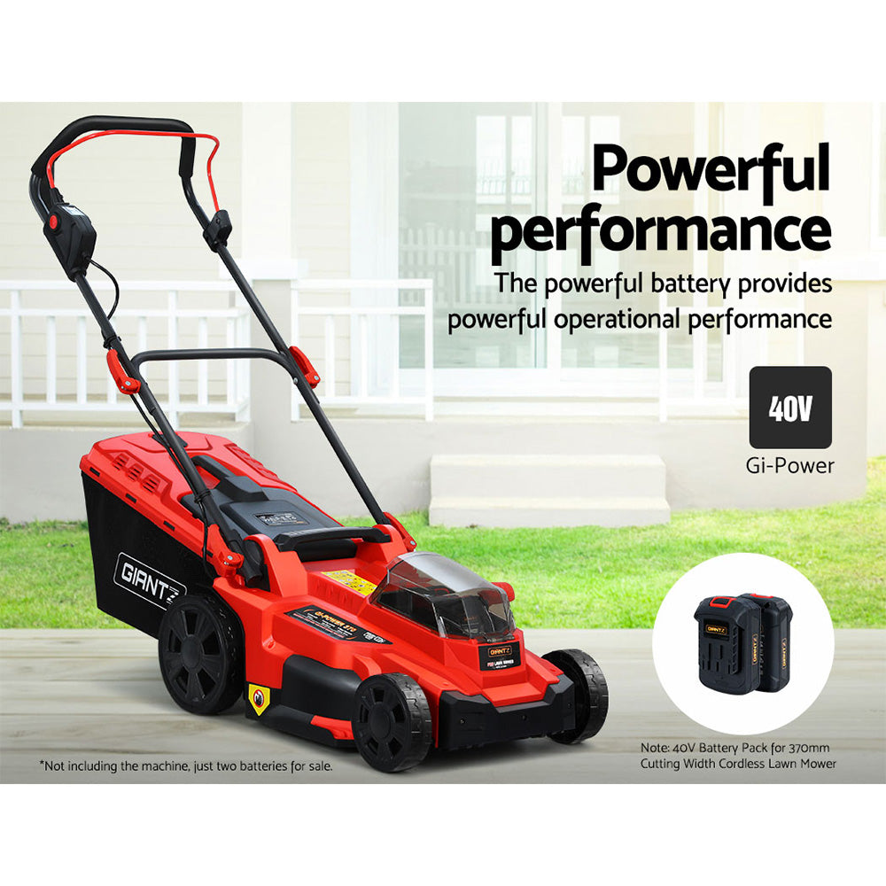 Two black Giantz Lawn Mower 40V Battery Only Cordless 20V x2 Fits LI37 labeled "GIANTZ" with a 20V rating, featuring multiple icons and text indicating specifications and safety information. Positioned side by side on a white background, these deep cycle batteries are ideal for powering your cordless lawn mower.