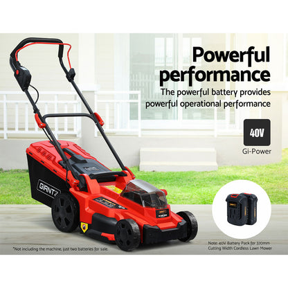 Two black Giantz Lawn Mower 40V Battery Only Cordless 20V x2 Fits LI37 labeled "GIANTZ" with a 20V rating, featuring multiple icons and text indicating specifications and safety information. Positioned side by side on a white background, these deep cycle batteries are ideal for powering your cordless lawn mower.