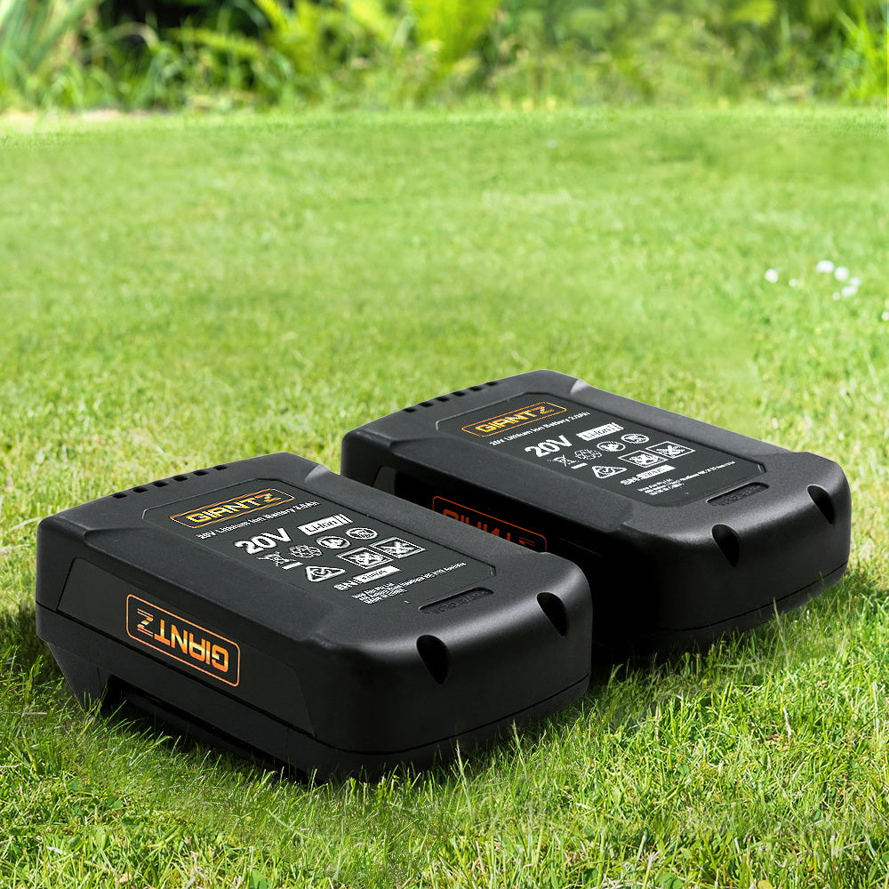 Two black Giantz Lawn Mower 40V Battery Only Cordless 20V x2 Fits LI37 labeled "GIANTZ" with a 20V rating, featuring multiple icons and text indicating specifications and safety information. Positioned side by side on a white background, these deep cycle batteries are ideal for powering your cordless lawn mower.