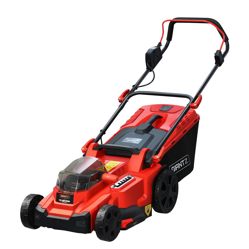 An image of a red and black Giantz Lawn Mower Cordless 40V Battery Electric Lawnmower 37cm Width. The mower has a clear cover over the motor area, a black grass collection bag attached at the back, adjustable handlebar, and four wheels. The brand logo "GIANTZ" is visible on the front and grass bag. It also features fast charging capabilities.