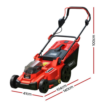 An image of a red and black Giantz Lawn Mower Cordless 40V Battery Electric Lawnmower 37cm Width. The mower has a clear cover over the motor area, a black grass collection bag attached at the back, adjustable handlebar, and four wheels. The brand logo "GIANTZ" is visible on the front and grass bag. It also features fast charging capabilities.