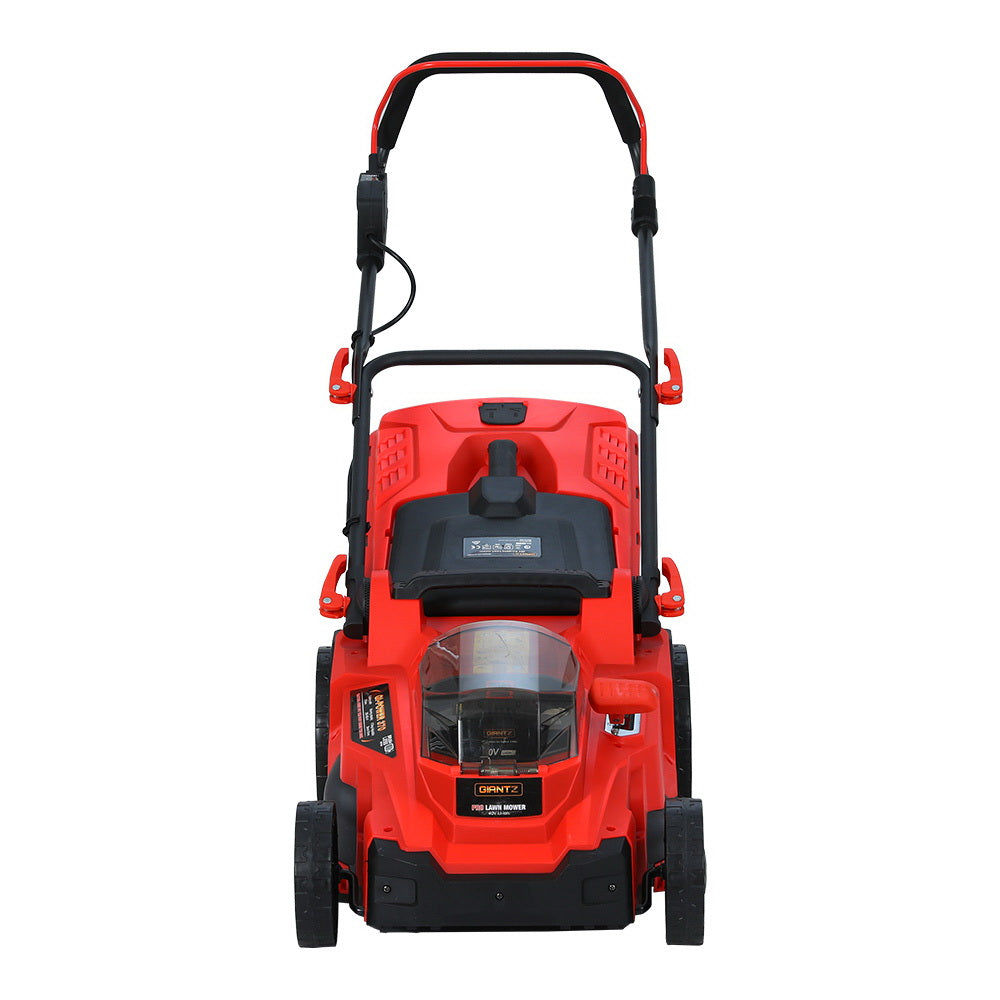 An image of a red and black Giantz Lawn Mower Cordless 40V Battery Electric Lawnmower 37cm Width. The mower has a clear cover over the motor area, a black grass collection bag attached at the back, adjustable handlebar, and four wheels. The brand logo "GIANTZ" is visible on the front and grass bag. It also features fast charging capabilities.