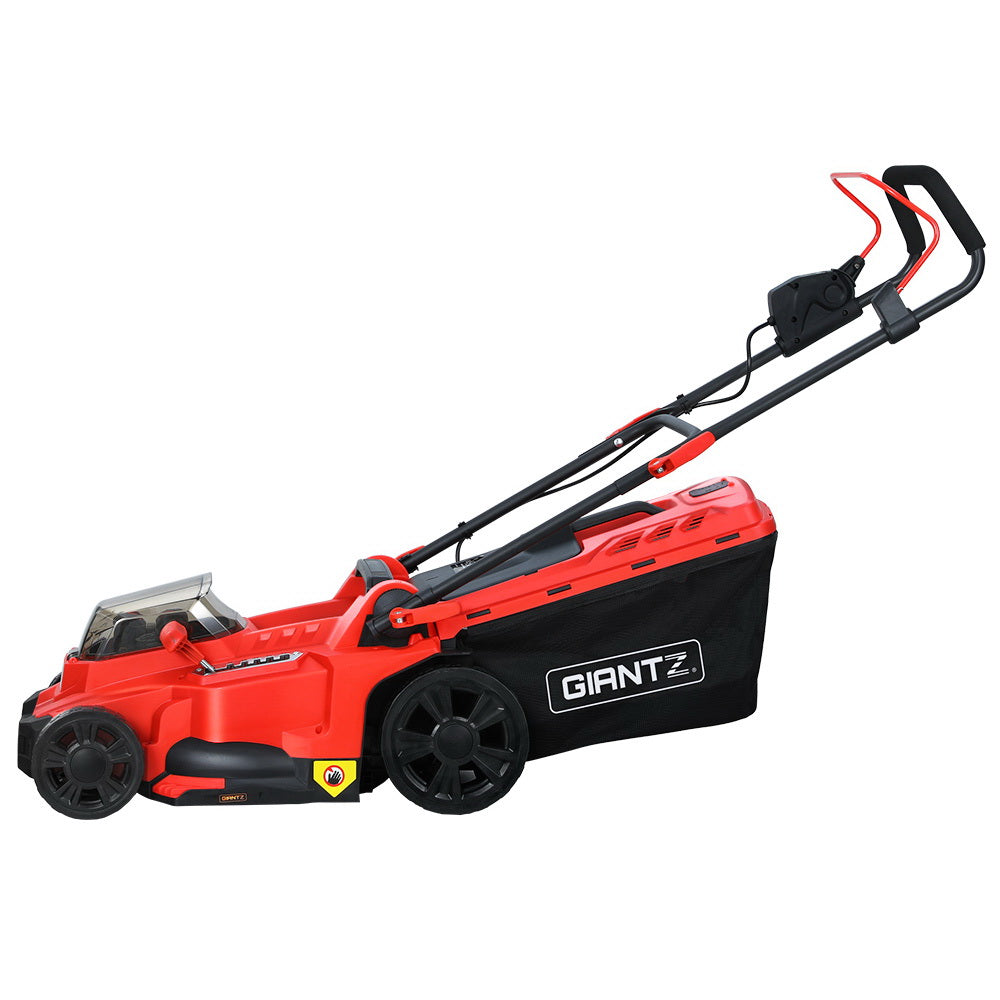 An image of a red and black Giantz Lawn Mower Cordless 40V Battery Electric Lawnmower 37cm Width. The mower has a clear cover over the motor area, a black grass collection bag attached at the back, adjustable handlebar, and four wheels. The brand logo "GIANTZ" is visible on the front and grass bag. It also features fast charging capabilities.