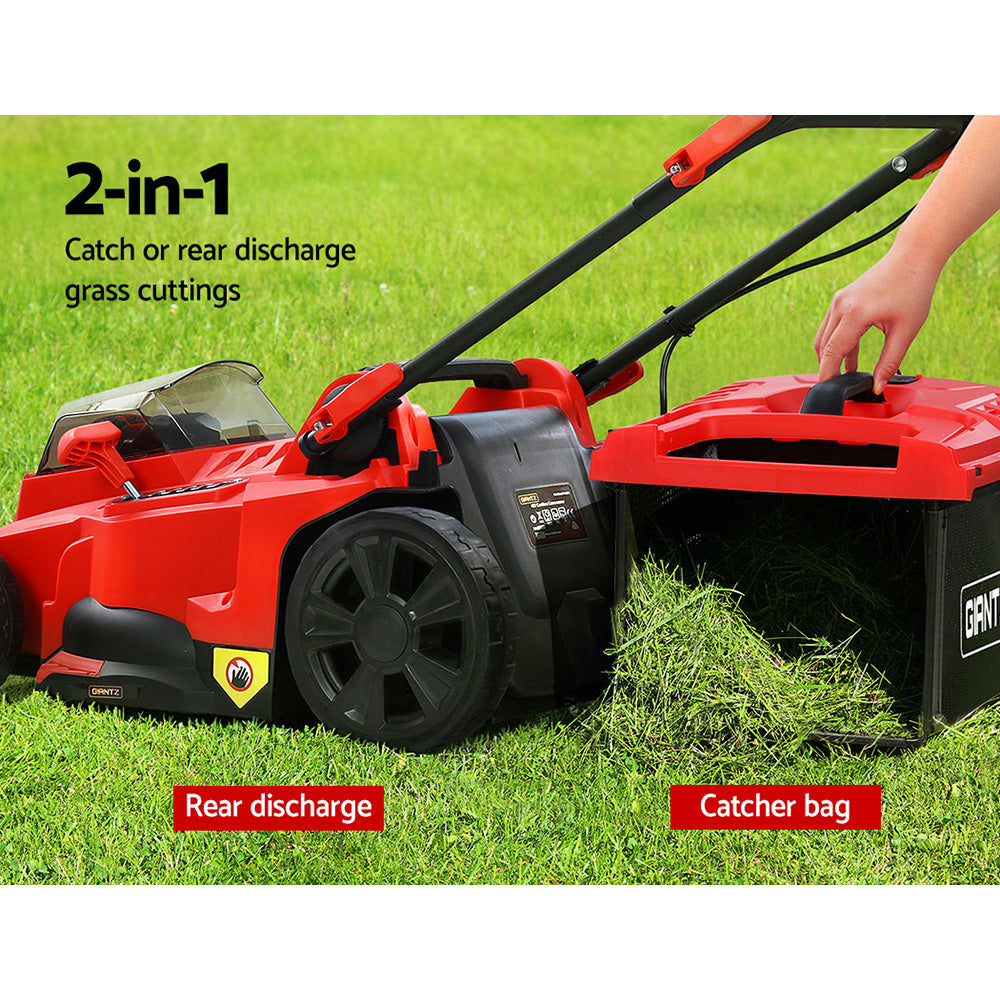 An image of a red and black Giantz Lawn Mower Cordless 40V Battery Electric Lawnmower 37cm Width. The mower has a clear cover over the motor area, a black grass collection bag attached at the back, adjustable handlebar, and four wheels. The brand logo "GIANTZ" is visible on the front and grass bag. It also features fast charging capabilities.