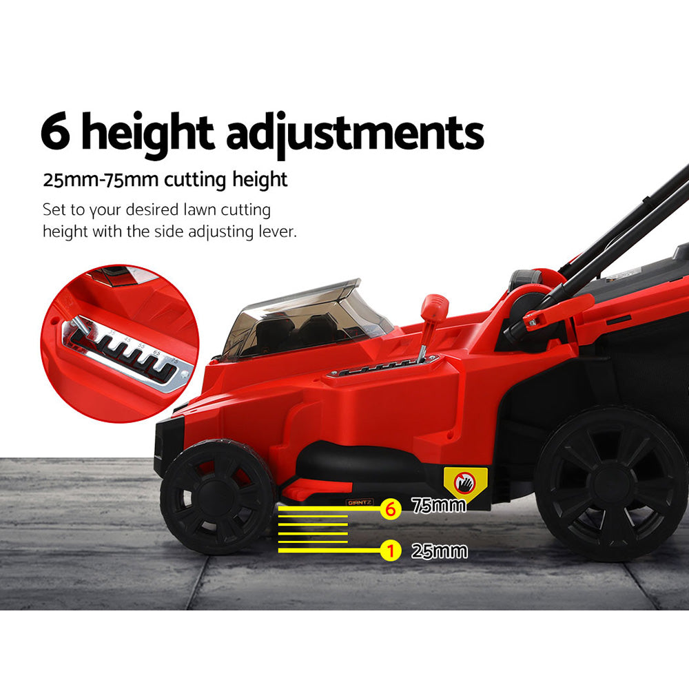 An image of a red and black Giantz Lawn Mower Cordless 40V Battery Electric Lawnmower 37cm Width. The mower has a clear cover over the motor area, a black grass collection bag attached at the back, adjustable handlebar, and four wheels. The brand logo "GIANTZ" is visible on the front and grass bag. It also features fast charging capabilities.