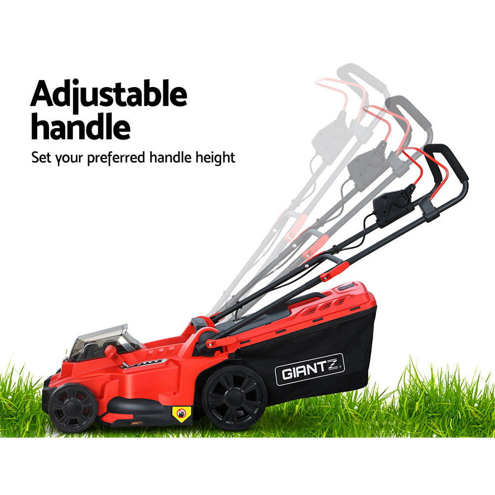 An image of a red and black Giantz Lawn Mower Cordless 40V Battery Electric Lawnmower 37cm Width. The mower has a clear cover over the motor area, a black grass collection bag attached at the back, adjustable handlebar, and four wheels. The brand logo "GIANTZ" is visible on the front and grass bag. It also features fast charging capabilities.