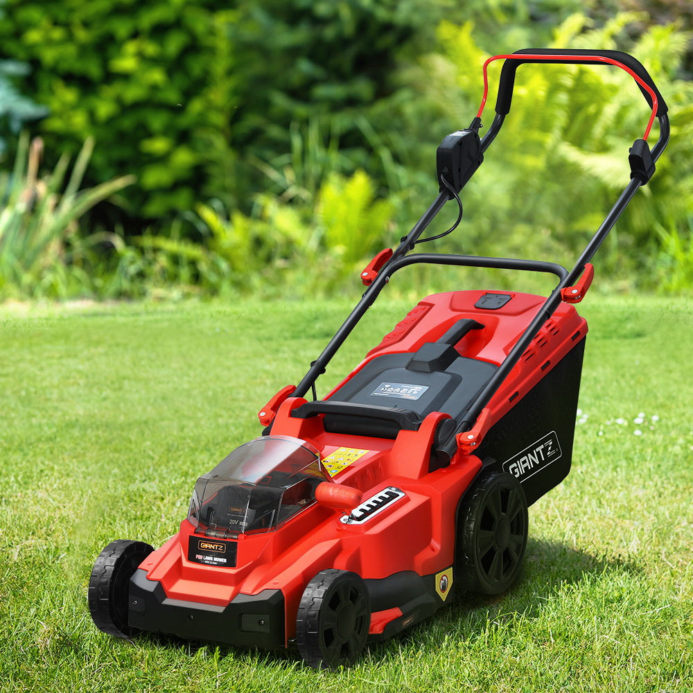 An image of a red and black Giantz Lawn Mower Cordless 40V Battery Electric Lawnmower 37cm Width. The mower has a clear cover over the motor area, a black grass collection bag attached at the back, adjustable handlebar, and four wheels. The brand logo "GIANTZ" is visible on the front and grass bag. It also features fast charging capabilities.