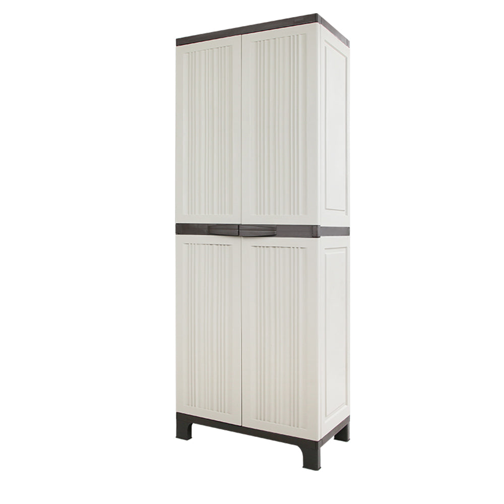 Sure, here is the sentence with the product name replaced:

A tall, weather-resistant storage cabinet with four front doors featuring vertical grooves. This Gardeon 173cm Outdoor Storage Cabinet Box Lockable Cupboard Sheds Garage Adjustable Beige has a dark top and base, standing on four short legs. It also includes adjustable shelves for versatile storage solutions.