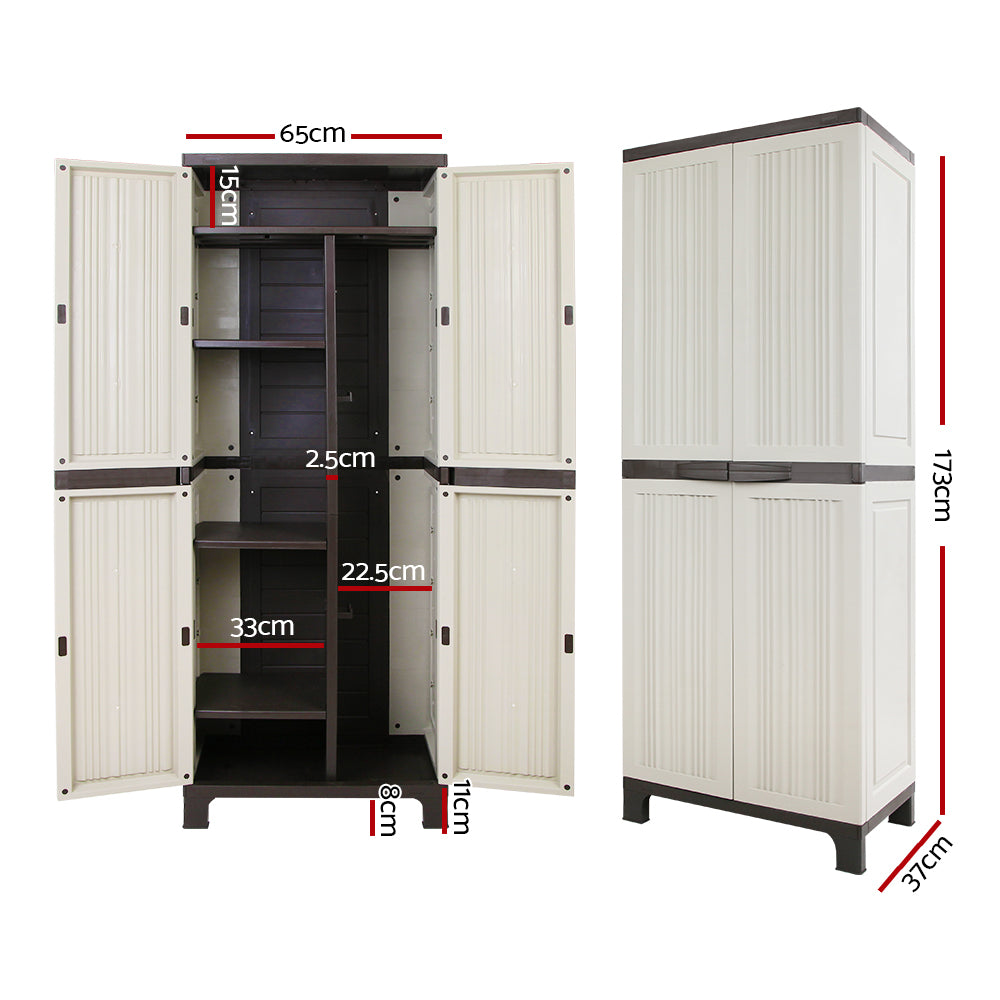 Sure, here is the sentence with the product name replaced:

A tall, weather-resistant storage cabinet with four front doors featuring vertical grooves. This Gardeon 173cm Outdoor Storage Cabinet Box Lockable Cupboard Sheds Garage Adjustable Beige has a dark top and base, standing on four short legs. It also includes adjustable shelves for versatile storage solutions.