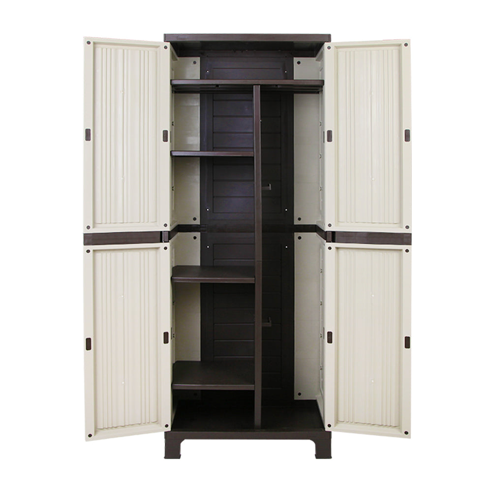 Sure, here is the sentence with the product name replaced:

A tall, weather-resistant storage cabinet with four front doors featuring vertical grooves. This Gardeon 173cm Outdoor Storage Cabinet Box Lockable Cupboard Sheds Garage Adjustable Beige has a dark top and base, standing on four short legs. It also includes adjustable shelves for versatile storage solutions.