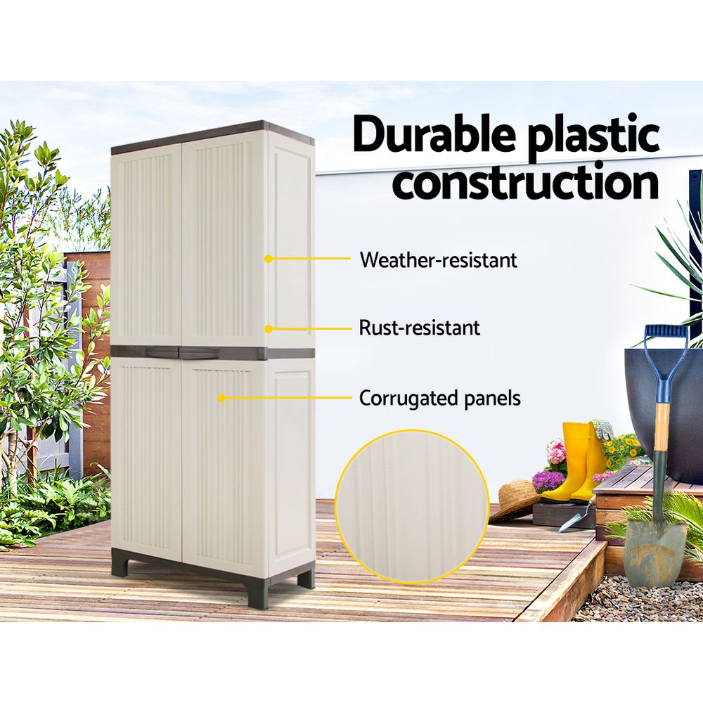 Sure, here is the sentence with the product name replaced:

A tall, weather-resistant storage cabinet with four front doors featuring vertical grooves. This Gardeon 173cm Outdoor Storage Cabinet Box Lockable Cupboard Sheds Garage Adjustable Beige has a dark top and base, standing on four short legs. It also includes adjustable shelves for versatile storage solutions.