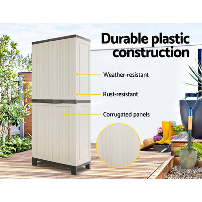 Sure, here is the sentence with the product name replaced:

A tall, weather-resistant storage cabinet with four front doors featuring vertical grooves. This Gardeon 173cm Outdoor Storage Cabinet Box Lockable Cupboard Sheds Garage Adjustable Beige has a dark top and base, standing on four short legs. It also includes adjustable shelves for versatile storage solutions.