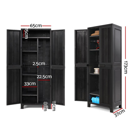 A black Gardeon 173cm Outdoor Storage Cabinet Box Lockable Cupboard Sheds Garage Adjustable reveals organized, adjustable shelves. Inside are red power tools, a small plant, a hat, cleaning supplies, a hose reel, and a box. The weather-resistant cabinet houses items like a handheld vacuum and hedge trimmer among other assorted gear.