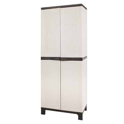 A beige, tall Gardeon 173cm Outdoor Storage Cabinet Box Lockable Cupboard Sheds Adjustable Rattan Beige with two front-opening doors. The top and bottom edges of the cabinet are black, and the doors have a textured, woven-like pattern. Featuring adjustable shelves, it stands on four small legs for stability and is weather-resistant for outdoor use.