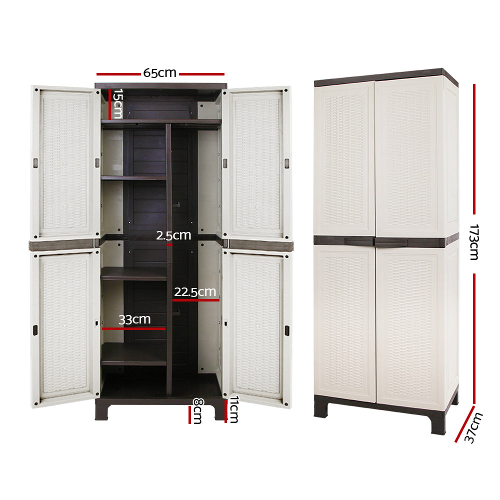 A beige, tall Gardeon 173cm Outdoor Storage Cabinet Box Lockable Cupboard Sheds Adjustable Rattan Beige with two front-opening doors. The top and bottom edges of the cabinet are black, and the doors have a textured, woven-like pattern. Featuring adjustable shelves, it stands on four small legs for stability and is weather-resistant for outdoor use.