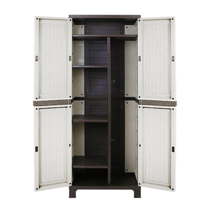 A beige, tall Gardeon 173cm Outdoor Storage Cabinet Box Lockable Cupboard Sheds Adjustable Rattan Beige with two front-opening doors. The top and bottom edges of the cabinet are black, and the doors have a textured, woven-like pattern. Featuring adjustable shelves, it stands on four small legs for stability and is weather-resistant for outdoor use.