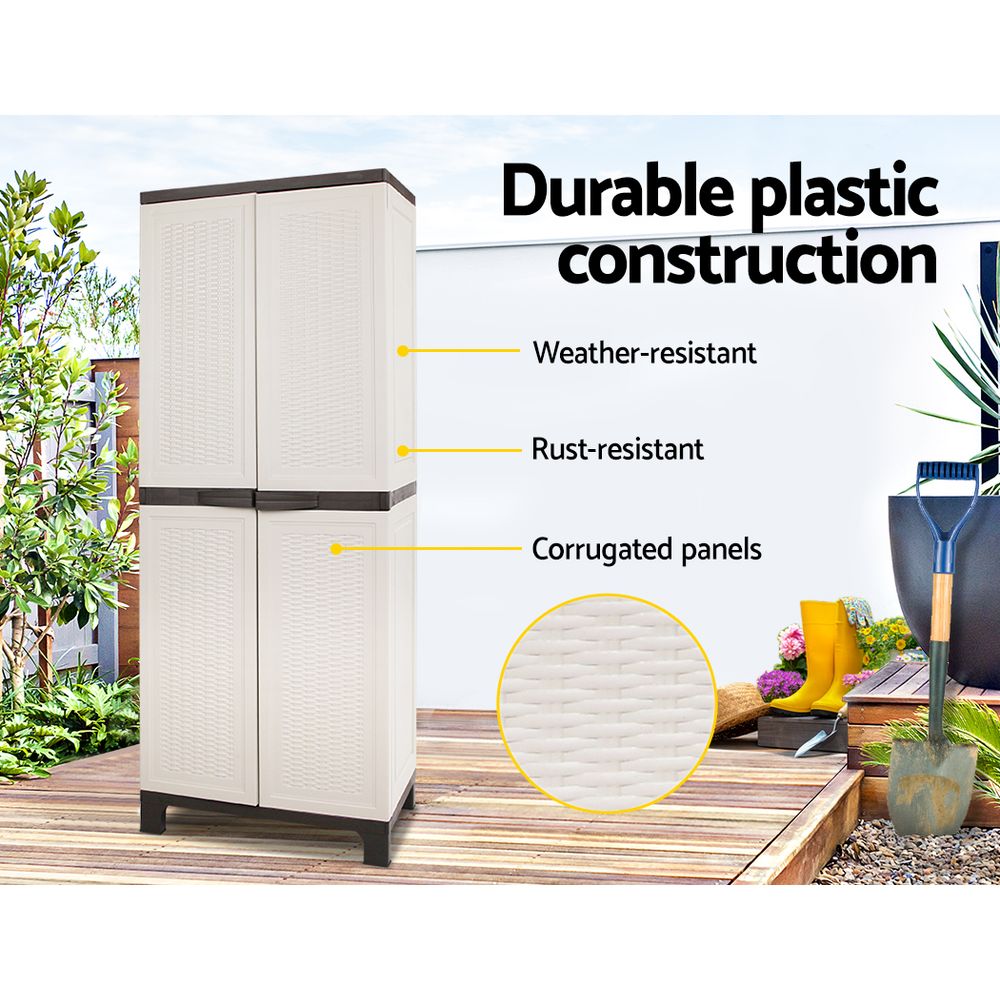 A beige, tall Gardeon 173cm Outdoor Storage Cabinet Box Lockable Cupboard Sheds Adjustable Rattan Beige with two front-opening doors. The top and bottom edges of the cabinet are black, and the doors have a textured, woven-like pattern. Featuring adjustable shelves, it stands on four small legs for stability and is weather-resistant for outdoor use.