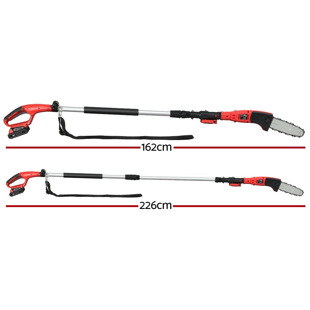 A red and black Giantz Chainsaw Cordless Pole Chain Saw 20V 8inch Pruner Battery 2.7m Long Reach is shown in two extended lengths. The upper one extends to 162 cm, while the lower reaches 226 cm. Featuring a telescopic handle, shoulder strap, and powered by a lithium-ion battery, this saw provides an efficient cutting experience with its versatile extension pole.