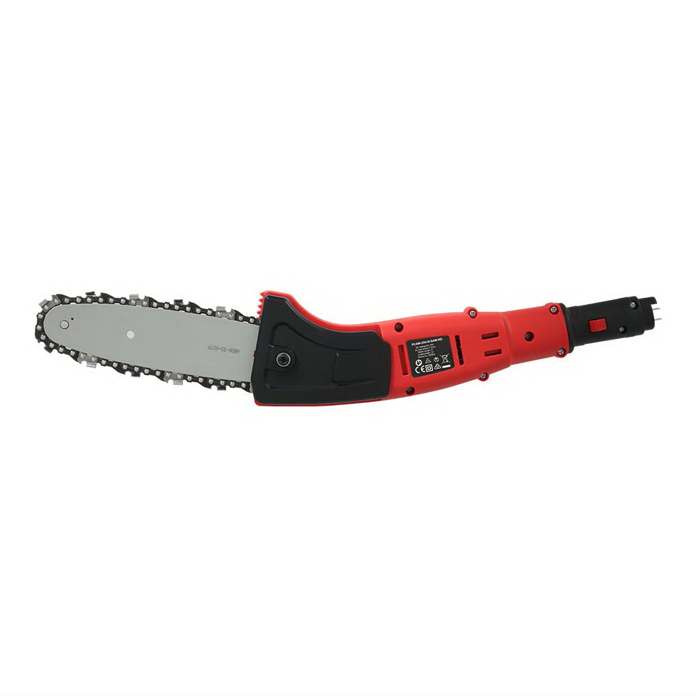 A red and black Giantz Chainsaw Cordless Pole Chain Saw 20V 8inch Pruner Battery 2.7m Long Reach is shown in two extended lengths. The upper one extends to 162 cm, while the lower reaches 226 cm. Featuring a telescopic handle, shoulder strap, and powered by a lithium-ion battery, this saw provides an efficient cutting experience with its versatile extension pole.