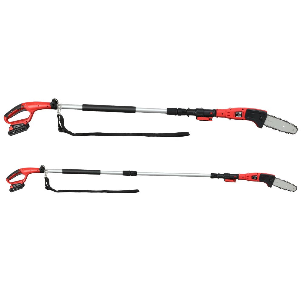 A red and black Giantz Chainsaw Cordless Pole Chain Saw 20V 8inch Pruner Battery 2.7m Long Reach is shown in two extended lengths. The upper one extends to 162 cm, while the lower reaches 226 cm. Featuring a telescopic handle, shoulder strap, and powered by a lithium-ion battery, this saw provides an efficient cutting experience with its versatile extension pole.