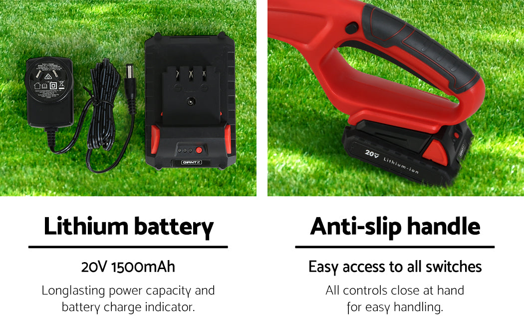 A red and black Giantz Chainsaw Cordless Pole Chain Saw 20V 8inch Pruner Battery 2.7m Long Reach is shown in two extended lengths. The upper one extends to 162 cm, while the lower reaches 226 cm. Featuring a telescopic handle, shoulder strap, and powered by a lithium-ion battery, this saw provides an efficient cutting experience with its versatile extension pole.