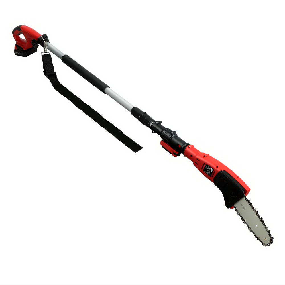 A red and black Giantz Chainsaw Cordless Pole Chain Saw 20V 8inch Pruner Battery 2.7m Long Reach is shown in two extended lengths. The upper one extends to 162 cm, while the lower reaches 226 cm. Featuring a telescopic handle, shoulder strap, and powered by a lithium-ion battery, this saw provides an efficient cutting experience with its versatile extension pole.