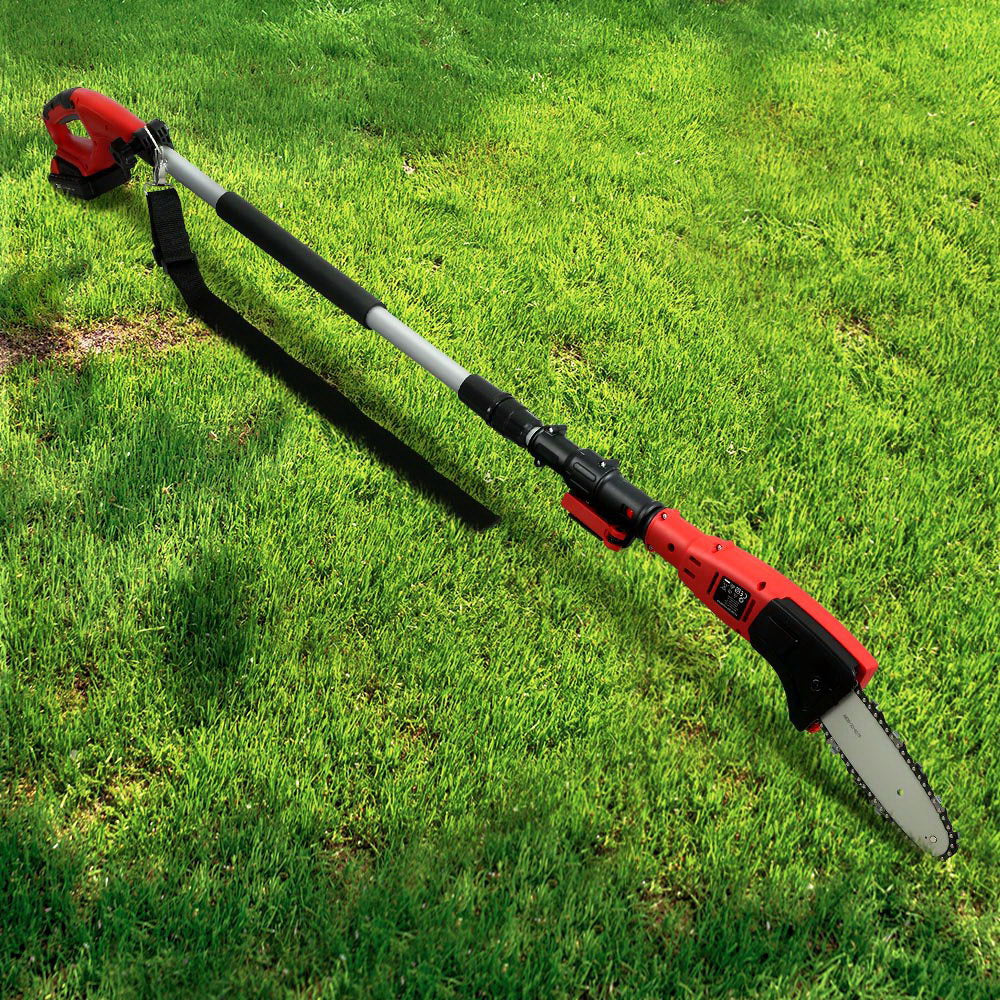 A red and black Giantz Chainsaw Cordless Pole Chain Saw 20V 8inch Pruner Battery 2.7m Long Reach is shown in two extended lengths. The upper one extends to 162 cm, while the lower reaches 226 cm. Featuring a telescopic handle, shoulder strap, and powered by a lithium-ion battery, this saw provides an efficient cutting experience with its versatile extension pole.