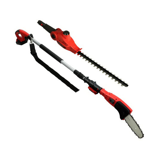 A red and black Giantz Chainsaw Trimmer Cordless Pole Chain Saw 20V 8inch Battery 2.7m Reach with interchangeable attachments, including a long chainsaw head and a hedge trimmer head, on a silver telescoping handle with a black shoulder strap. Powered by a 20V lithium-ion battery, this cordless chainsaw and trimmer offers convenience and efficiency.