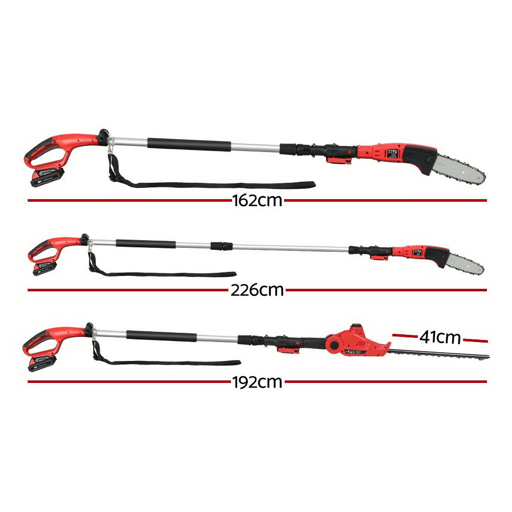 A red and black Giantz Chainsaw Trimmer Cordless Pole Chain Saw 20V 8inch Battery 2.7m Reach with interchangeable attachments, including a long chainsaw head and a hedge trimmer head, on a silver telescoping handle with a black shoulder strap. Powered by a 20V lithium-ion battery, this cordless chainsaw and trimmer offers convenience and efficiency.