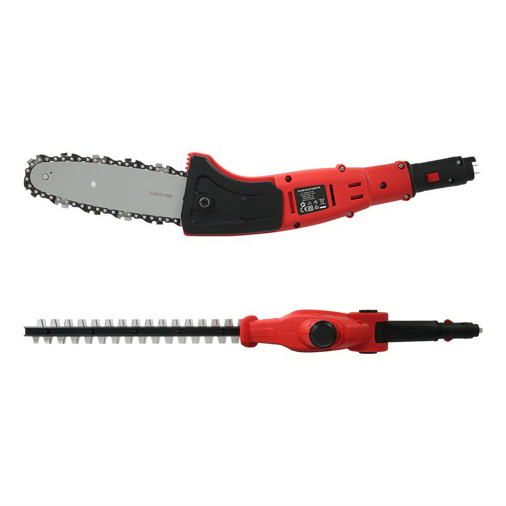 A red and black Giantz Chainsaw Trimmer Cordless Pole Chain Saw 20V 8inch Battery 2.7m Reach with interchangeable attachments, including a long chainsaw head and a hedge trimmer head, on a silver telescoping handle with a black shoulder strap. Powered by a 20V lithium-ion battery, this cordless chainsaw and trimmer offers convenience and efficiency.