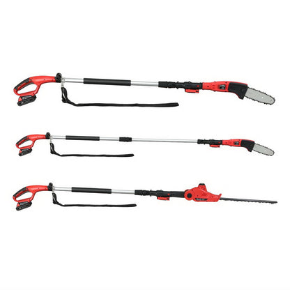 A red and black Giantz Chainsaw Trimmer Cordless Pole Chain Saw 20V 8inch Battery 2.7m Reach with interchangeable attachments, including a long chainsaw head and a hedge trimmer head, on a silver telescoping handle with a black shoulder strap. Powered by a 20V lithium-ion battery, this cordless chainsaw and trimmer offers convenience and efficiency.