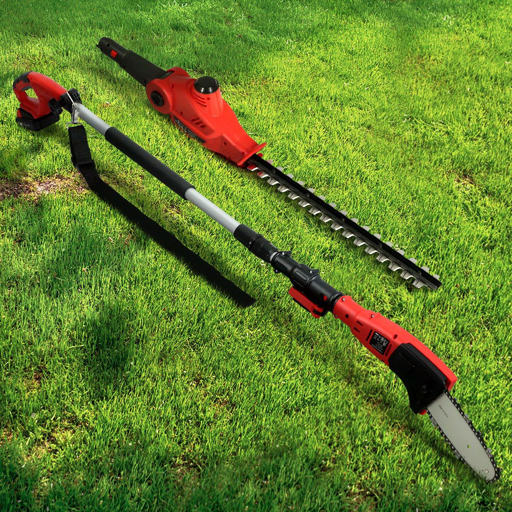 A red and black Giantz Chainsaw Trimmer Cordless Pole Chain Saw 20V 8inch Battery 2.7m Reach with interchangeable attachments, including a long chainsaw head and a hedge trimmer head, on a silver telescoping handle with a black shoulder strap. Powered by a 20V lithium-ion battery, this cordless chainsaw and trimmer offers convenience and efficiency.