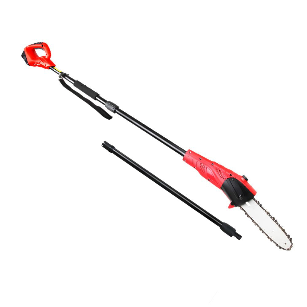 A Giantz Chainsaw Cordless Pole Chain Saw 20V 8in Pruner 2.7m Long Reach Battery with a red handle and black pole, featuring a chainsaw blade at the end and an adjustable shoulder strap. The design, powered by a 20V lithium-ion battery, is perfect for trimming high branches. A detached extension pole lies parallel to it for extra reach.