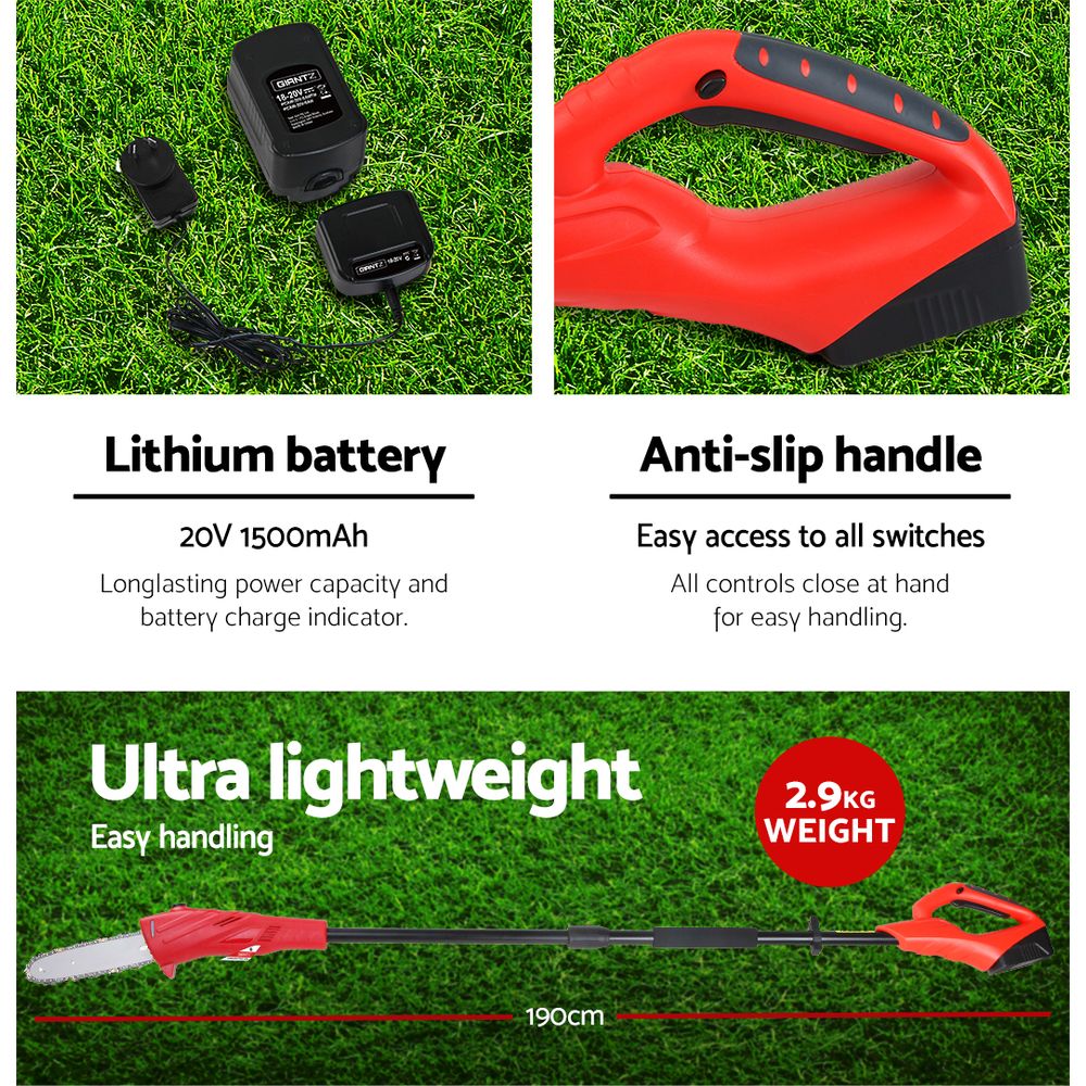 A Giantz Chainsaw Cordless Pole Chain Saw 20V 8in Pruner 2.7m Long Reach Battery with a red handle and black pole, featuring a chainsaw blade at the end and an adjustable shoulder strap. The design, powered by a 20V lithium-ion battery, is perfect for trimming high branches. A detached extension pole lies parallel to it for extra reach.