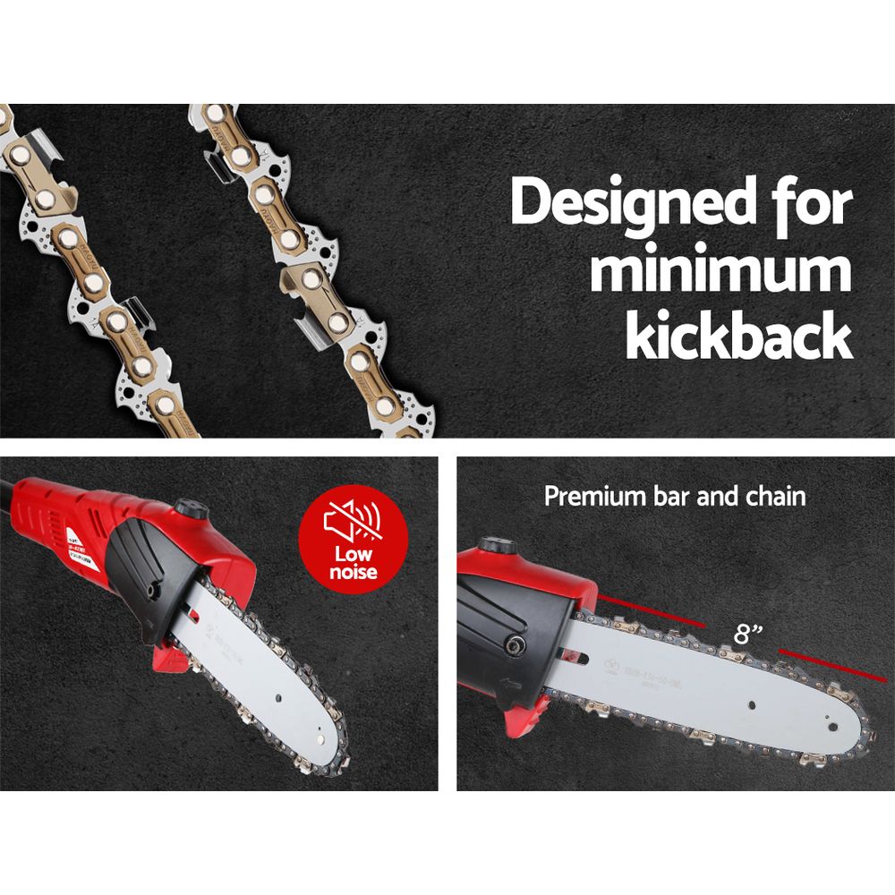 A Giantz Chainsaw Cordless Pole Chain Saw 20V 8in Pruner 2.7m Long Reach Battery with a red handle and black pole, featuring a chainsaw blade at the end and an adjustable shoulder strap. The design, powered by a 20V lithium-ion battery, is perfect for trimming high branches. A detached extension pole lies parallel to it for extra reach.