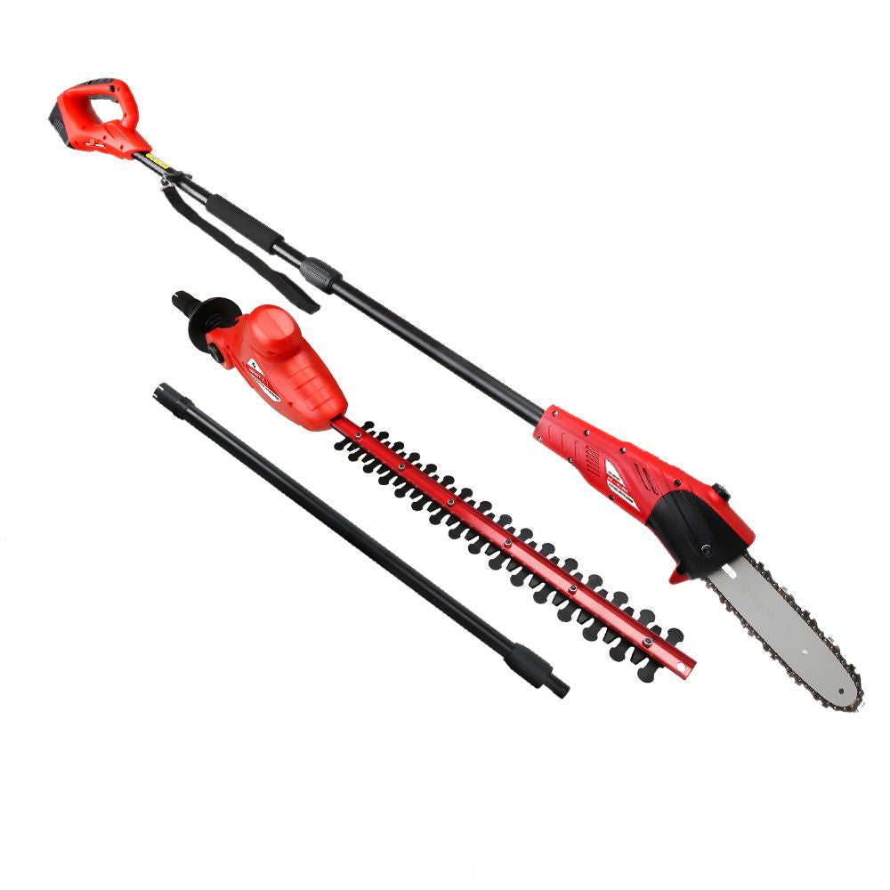 A red and black multi-functional yard tool set, featuring a Giantz Chainsaw Trimmer Cordless Pole Chain Saw 8in 20V Battery 2.7m Reach, is displayed on a white background. The set includes extendable poles for hard-to-reach areas.