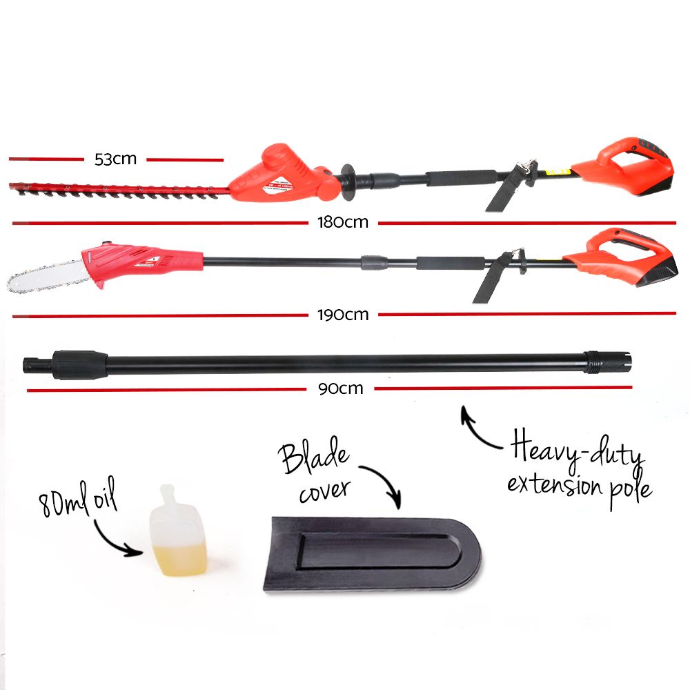 A red and black multi-functional yard tool set, featuring a Giantz Chainsaw Trimmer Cordless Pole Chain Saw 8in 20V Battery 2.7m Reach, is displayed on a white background. The set includes extendable poles for hard-to-reach areas.