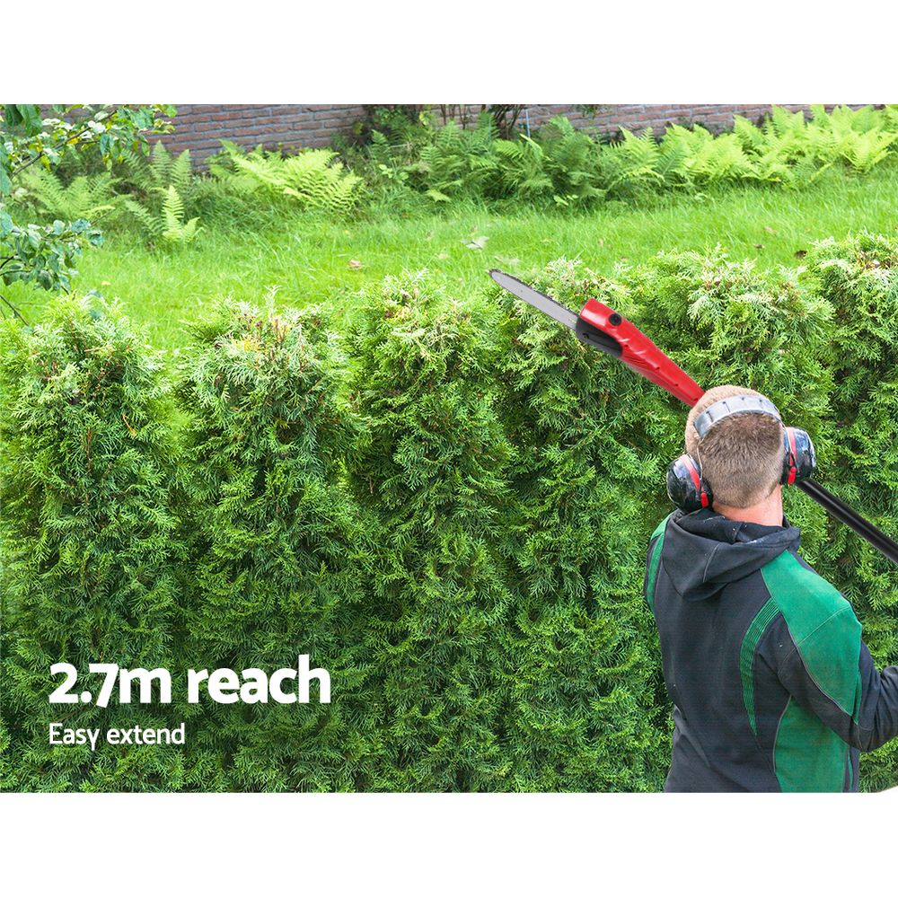 A red and black multi-functional yard tool set, featuring a Giantz Chainsaw Trimmer Cordless Pole Chain Saw 8in 20V Battery 2.7m Reach, is displayed on a white background. The set includes extendable poles for hard-to-reach areas.