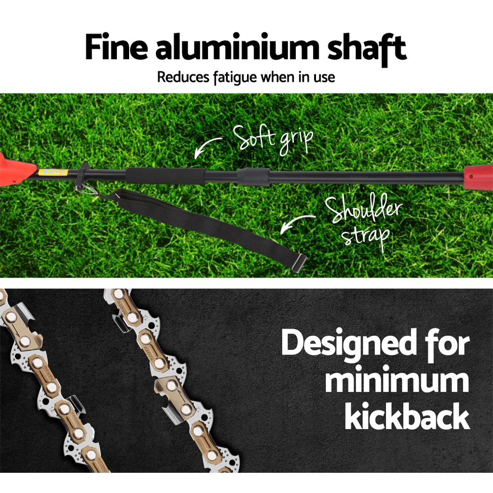 A Giantz Chainsaw Trimmer Cordless Pole Chain Saw 8in 20V Battery 2.7m Reach with interchangeable attachments, powered by a 20V lithium-ion battery. Includes an extension pole, chainsaw blade for tree limb cutting, and hedge trimmer blade. The equipment is displayed against a white background.