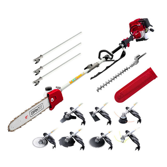 Image of the Giantz 40CC Pole Chainsaw Hedge Trimmer Brush Cutter Whipper Saw 4-Stroke 9-in-1, featuring a red and gray multi-functional power unit with a powerful 40cc engine and various attachments. Includes a Pro-series chainsaw, hedge trimmer, multiple extension poles, grass trimmer heads, and a blade. A red blade cover is also present.