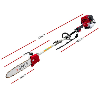 Image of the Giantz 40CC Pole Chainsaw Hedge Trimmer Brush Cutter Whipper Saw 4-Stroke 9-in-1, featuring a red and gray multi-functional power unit with a powerful 40cc engine and various attachments. Includes a Pro-series chainsaw, hedge trimmer, multiple extension poles, grass trimmer heads, and a blade. A red blade cover is also present.