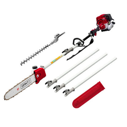 Image of a powerful gardening tool set featuring the Giantz 40CC Pole Chainsaw Hedge Trimmer 12in Chain Saw 4-Stroke 4.3m Long Reach, including a versatile pole chainsaw attachment, hedge trimmer attachment, ergonomic handle with shoulder strap, and three extension poles. A red blade cover is also present.