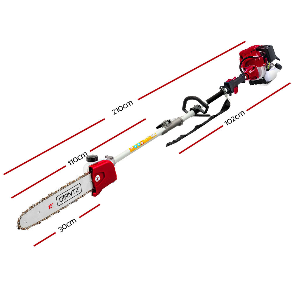 Image of a powerful gardening tool set featuring the Giantz 40CC Pole Chainsaw Hedge Trimmer 12in Chain Saw 4-Stroke 4.3m Long Reach, including a versatile pole chainsaw attachment, hedge trimmer attachment, ergonomic handle with shoulder strap, and three extension poles. A red blade cover is also present.