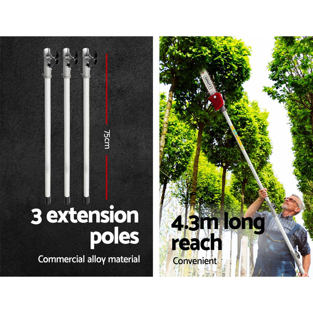 Image of a powerful gardening tool set featuring the Giantz 40CC Pole Chainsaw Hedge Trimmer 12in Chain Saw 4-Stroke 4.3m Long Reach, including a versatile pole chainsaw attachment, hedge trimmer attachment, ergonomic handle with shoulder strap, and three extension poles. A red blade cover is also present.