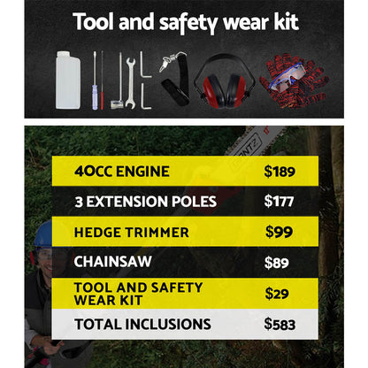 Image of a powerful gardening tool set featuring the Giantz 40CC Pole Chainsaw Hedge Trimmer 12in Chain Saw 4-Stroke 4.3m Long Reach, including a versatile pole chainsaw attachment, hedge trimmer attachment, ergonomic handle with shoulder strap, and three extension poles. A red blade cover is also present.