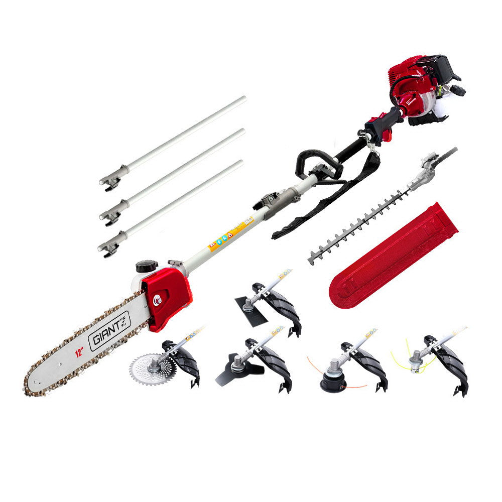 A Giantz 40CC Pole Chainsaw Hedge Trimmer Brush Cutter Whipper Saw 4-Stroke 7-in-1 is displayed, featuring a red and white 40cc engine motor unit from the Pro-series, three extension poles, a chainsaw attachment, a hedge trimmer, a red blade cover, and various cutting heads including trimmer heads and circular saw blades.